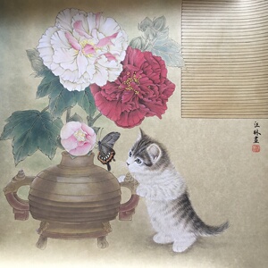 工笔画底稿花卉工笔芙蓉小猫斗方白描2#打印稿宣纸稿