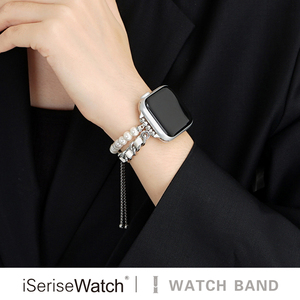 iserisewatch适用于iwatch表带小香风apple watchs9/8/7珍珠金属链高级苹果智能手表se个性创意串珠45mm女款