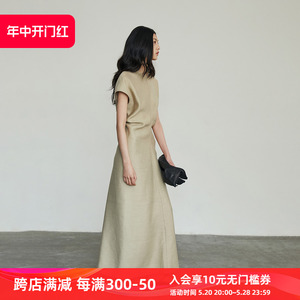ZUM 纯色连衣裙2024新款女装短袖女裙修身气质长裙夏季高级感