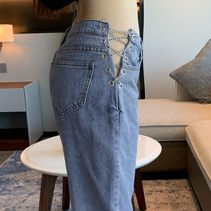 粉色芒果链条设计侧边镂空高腰水洗牛仔裤女宽松显瘦直筒老爹裤潮