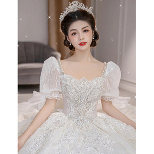 泡泡袖婚纱2023新款新娘在逃公主重工奢华大拖尾高级质感主纱白色