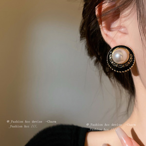 黑色复古珍珠耳环高级感银针耳钉夸张韩国新款时尚气质轻奢耳饰女