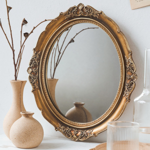 retro 欧式复古壁挂雕花古典镜子化妆镜仿古梳妆镜金色装饰镜墙饰