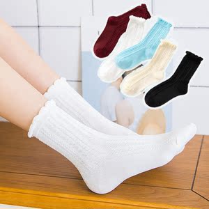 纯棉中筒网眼女士袜日系花边学院风春秋单鞋袜甜美文艺简约女生袜