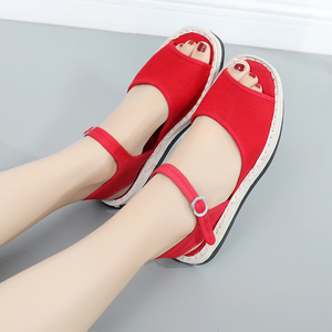 红色凉鞋女千层底潮新款夏季复古风百搭学生平底布鞋舒适布底凉拖