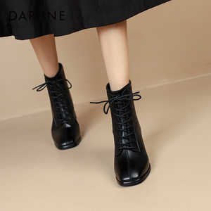 达芙妮高跟短靴女2023秋冬新款瘦瘦靴黑色粗跟系带冬季加绒马丁靴
