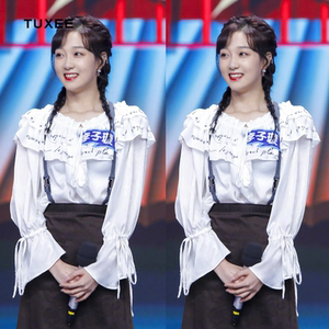 正品tuxee快乐李子璇同款衣服女白色字母荷叶领喇叭袖衬衫韩版上