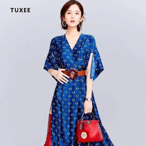 tuxee古力娜扎同款衣服夏秋季v领印花年会晚礼服轻奢长款连衣裙女