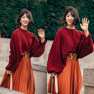 正品tuxee19款巴黎时装周朴信惠同款酒红色廓形上衣