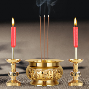 纯铜香炉蜡烛台一体家用室内烛台供奉祖先带蜡台财神上香拜神套装