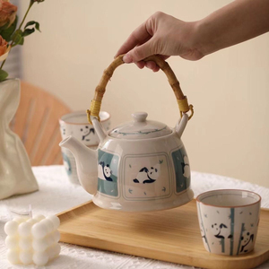 【国风熊猫】中式陶瓷茶壶茶杯竹木托盘家用喝茶送礼品茗花茶套装