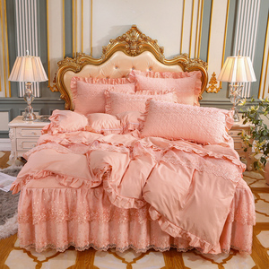 韩版全棉夹棉蕾丝花边床裙式四件套纯棉加厚床罩床单被套床上用品