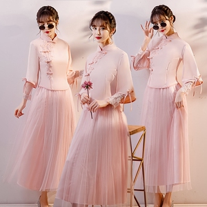 国风伴娘服中式简单大方蕾丝旗袍式古风秋款姐妹团纱裙高级感显瘦