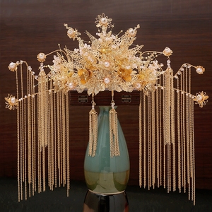 中式新娘头饰高级金色秀禾簪花皇后大婚凤冠高端凤钗步摇流苏奢华