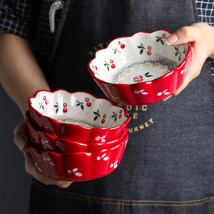 日式手绘可爱樱桃小碗家用创意个性陶瓷碗水果沙拉碗饭碗蒸碗盘子