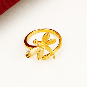 新款周大福星24k越南沙金999黄金首饰开口戒指简约蜻蜓指环纯金色