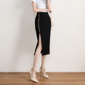 侧面开叉半身裙女黑色高腰包臀排扣半裙中长款小个子夏2022新款