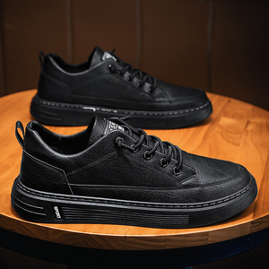 南极人男鞋冬季休闲板鞋一脚蹬黑色皮鞋防水工作增高防滑懒人潮鞋