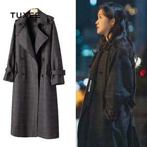 正品tuxee永远的君主 金高银郑太乙同款风衣女中长款格纹大衣外套