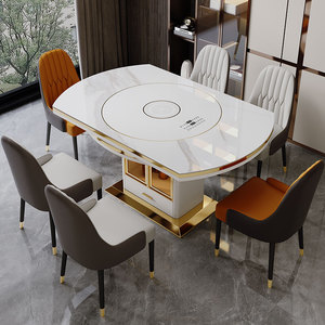 轻奢多功能可变圆形电磁炉暖菜内嵌式岩板转盘餐桌椅组合大小户型