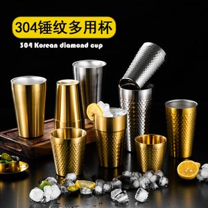 304不锈钢韩式水杯 锤纹双层加厚金色啤酒杯子餐厅果汁咖啡杯茶杯