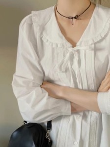 ouir 2024春季新品 韩国东大门代购 法式甜美娃娃领系带长袖衬衫