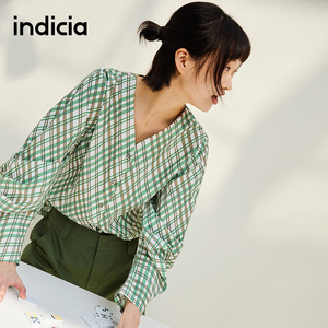 indicia 格纹衬衫绿色格子V领长袖上衣女春秋季时尚标记女装