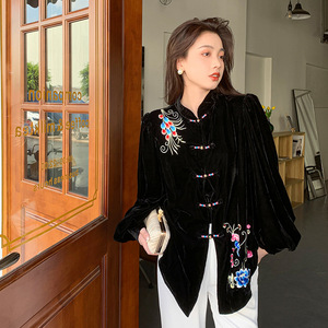 新中式改良丝绒唐装旗袍上衣复古盘扣外套中国风禅意女装茶服秋冬
