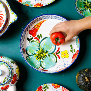 欧美客托盘创意陶瓷圆盘手绘汤盘深盘客厅摆盘水果盘家用菜盘子