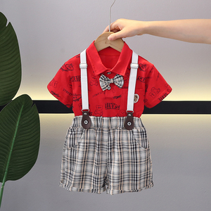 男童夏装套装儿童背带裤衬衫两件套表演宝宝洋气红色绅士吊带童装
