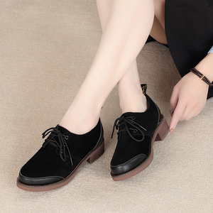 000人付款淘宝春秋天磨砂反绒皮鞋女式平底中跟系带圆头妈妈鞋子厚底