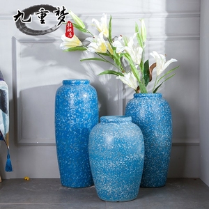 九重梦景德镇创意蓝色陶瓷落地大花瓶客厅插花摆件现代中式庭院插
