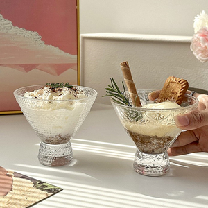 网红浮雕高脚冰淇淋杯 甜品雪糕杯酸奶杯子创意ins奶昔冷饮玻璃杯