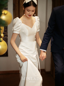 名斓|情书 敬酒服2023新款新娘白色缎面气质轻婚纱订婚小晚礼服女