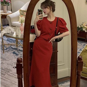 夏装2023新款名媛气质小香风高级感减龄红色上衣半身裙两件套装女