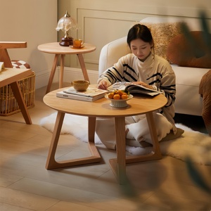 实原木风圆形茶边几极简约小户型客厅沙发阳台日式家用矮桌子新款