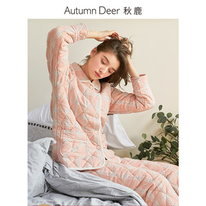 店天猫秋鹿睡衣男秋冬梭织纯棉三层夹棉加厚格子冬天保暖家居服套装