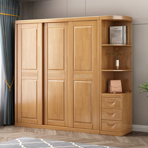 现代简约中式实木衣柜推拉门卧室家用三门滑移门柜子橡胶木大衣橱