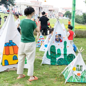 儿童手绘帐篷绘画diy彩绘涂鸦手工三角小帐篷布料宝宝画画户外夏