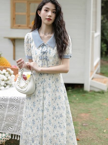 木易易法式碎花娃娃领连衣裙女夏新款女装韩系高级感甜美雪纺裙子