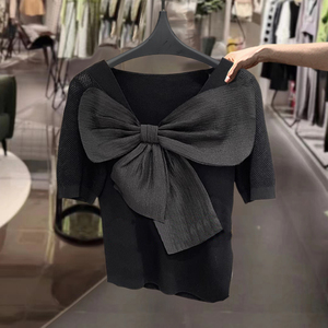 黑色蝴蝶结针织衫女2024夏季新款镂空V领显瘦设计感短袖冰丝上衣