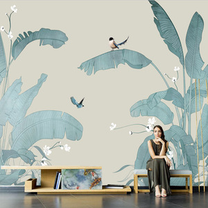 定制墙布绿色植物芭蕉叶小清新墙纸北欧手绘壁画8d电视背景墙壁纸