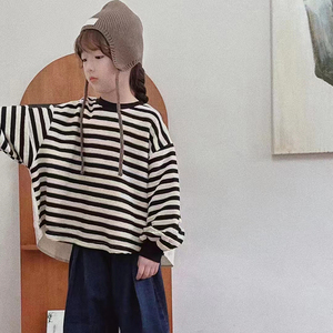 波拉韩国童装女童条纹卫衣2023秋季儿童拼接套头衬衫娃娃版t恤潮