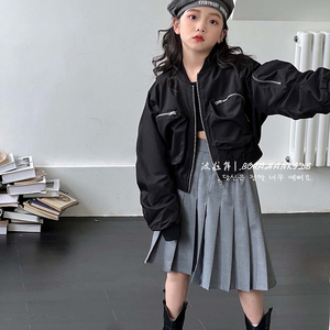 波拉韩国童装女童短款夹克外套2023秋季儿童棒球服女孩时髦拉链衫