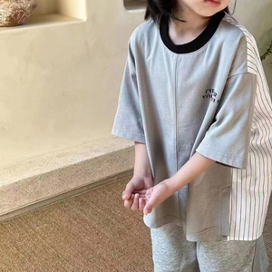 波拉韩童装女童短袖男童衬衫2024夏装儿童圆领T恤韩国洋气上衣潮