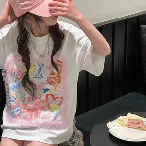 波拉韩国童装女童短袖2024夏装儿童蕾丝花边t恤小女孩可爱上衣T恤