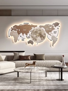 创意世界地图挂钏客厅装饰灯画发光美观轻奢大气墙面装饰挂画钟表