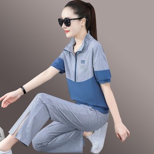 新款阿迪达斯纯棉运动套装女夏装2022新款短袖半拉链上衣立领休闲