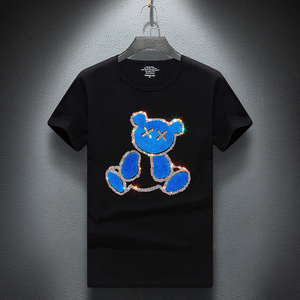 高端ing&lv/缨旅2022春夏青年烫钻小熊印花短袖t恤男修身圆领潮牌