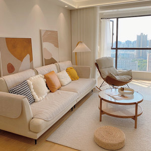 原木风客厅沙发背景墙挂画简约抽象暖色块奶油色装饰画日式侘寂风